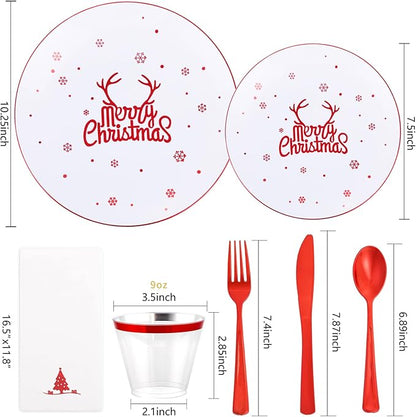 Nervure 175PCS Christmas Plastic Plates - White and Red Disposable Plates & Red Plastic Silverware include 50 Plates 25Knives 25Forks 25Spoons 25Napkins for Christmas Party