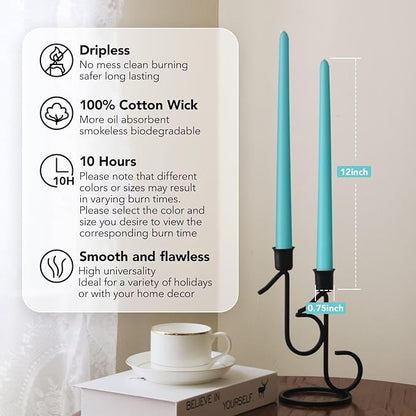 New Burning Formula Unscented Dripless 12-Inch Taper Candles Set of 12 - Turquoise, for Wedding, Dinner - Smokeless, Long Burning - Hand Poured, Colored Tall Candlesticks - Turquesa