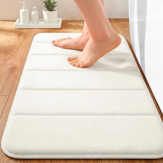 OLANLY Memory Foam Bath Mat 24x16, Super Soft Absorbent Bathroom Rugs, Quick Dry, Machine Washable Shower Floor Rugs, Bathmat Carpet, Bathroom Home Decor Accessories, Ivory
