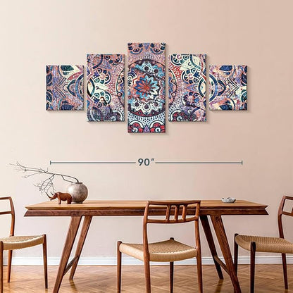 ElephantStock - Mandala Enchantment Wall Art - Horizontal Multi Panel Canvas - 5 Piece Living Room Wall Decor - Digital Art Elements Multi Piece Wall Art - Blue And Beige Decor - 92" x 42"