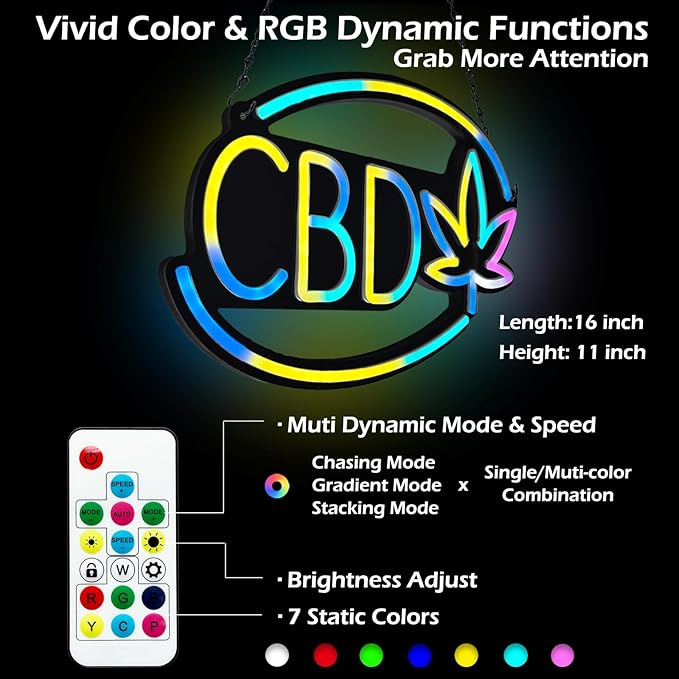 CBD-LED Neon Sign for Business,16x11 inch Vape Smoke Shop Sign RGB Bright Led for Window Wall Door VapeSmoke Store