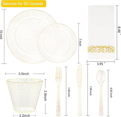 I00000 350 Pcs Gold Glitter Plastic Dinnerware Set for 50 Guests, Plastic Disposable Plates for Party, Include: 50 Dinner Plates,50 Dessert Plates,50 Paper Napkins, 50 Cups, 50 Silverware Set