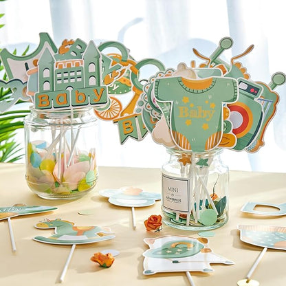 SUNBEAUTY 36 PCS Sage Green Baby Shower Photo Booth Props - Neutral Greenery Oh Baby Decorations