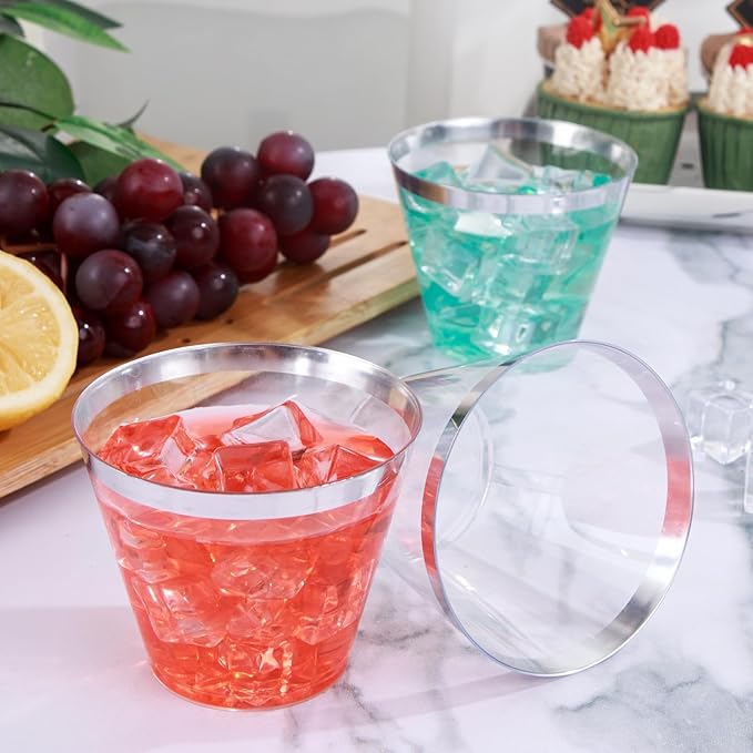 I00000 100PCS Silver Plastic Cups,9 oz Clear Plastic Cups with Silver Trim, Heavy-Duty Disposable Hard Cup For Party, Premium Cup Perfect for Wedding & Party