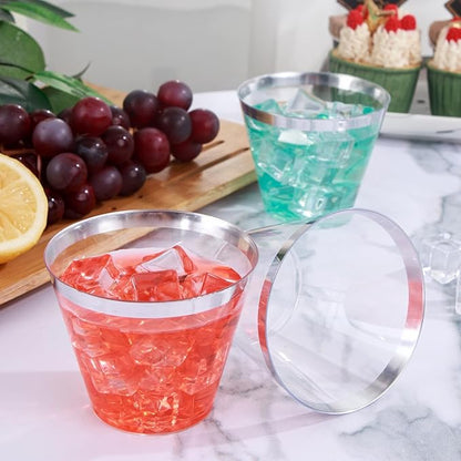 I00000 100PCS Silver Plastic Cups,9 oz Clear Plastic Cups with Silver Trim, Heavy-Duty Disposable Hard Cup For Party, Premium Cup Perfect for Wedding & Party