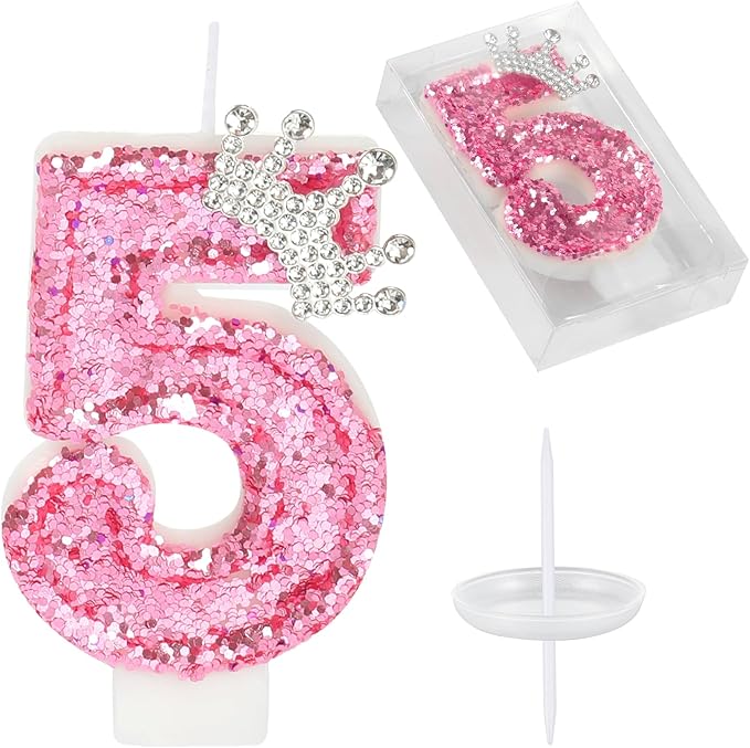 Birthday Number Candles,Pink Crown Birthday Candles for Cake,Glitter Number 5 Candle Cake Topper with Sequins for Girls,Women, Anniversary Celebrations Supplies (Pink 5)