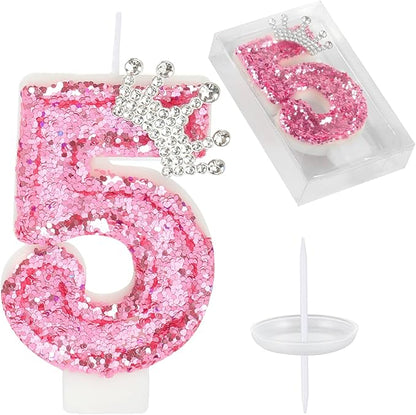 Birthday Number Candles,Pink Crown Birthday Candles for Cake,Glitter Number 5 Candle Cake Topper with Sequins for Girls,Women, Anniversary Celebrations Supplies (Pink 5)