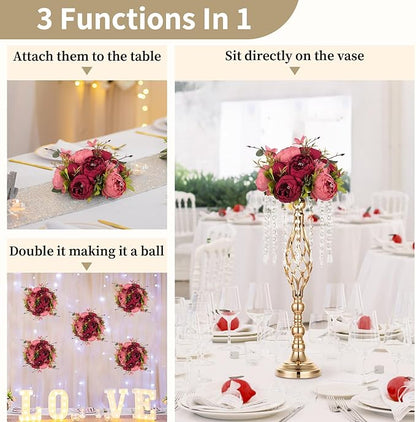 NUPTIO Flower Balls Flowers for Centerpieces: 2 Pcs 9.4 inch Diam Pink & Red Artificial Peony Fake Flower Ball Arrangement Bouquet Center Pieces for Tables Wedding Centerpiece Decorations