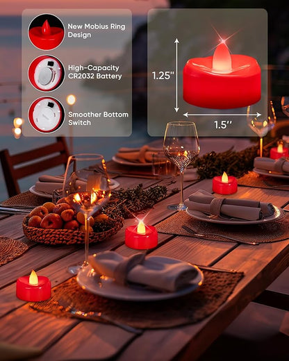LED Candles, 24 Pack Tea Lights Candles Battery Operated, Flameless Tealight Candle, Realistic Tea Lights for Halloween Christmas Party Decor -D 1.5” x H 1.25”-Red