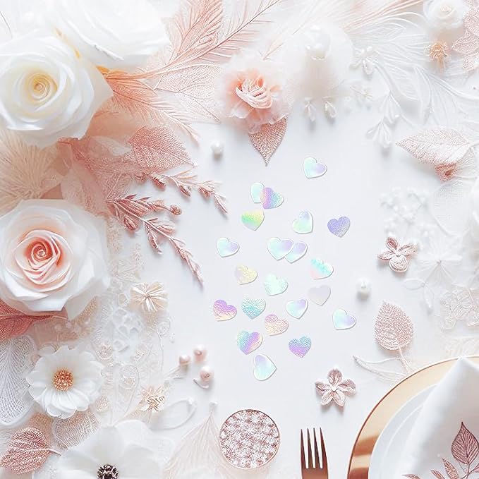 Paper Confetti Iridescent Party Decorations - 300Pcs Paper Heart Confetti Girl Birthday Decoration Baby Bridal Shower Wedding Engagement Bachelorette Mothers Valentines Galentines Day Decor