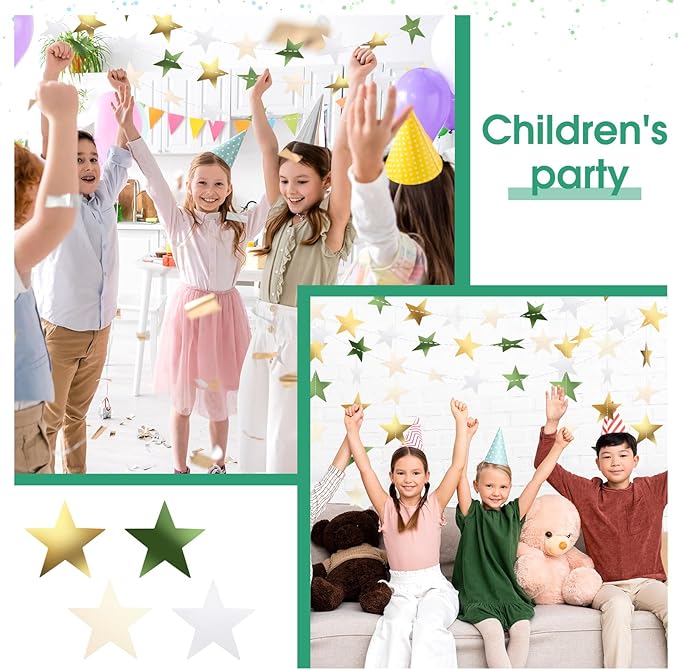 Patelai Glitter Star Garland Banner Christmas Decor 130 Feet Star Hanging Bunting Banner Twinkle Backdrop for Homecoming Classroom Wedding Birthday Halloween Party Supplies(Sage Green, Gold, White)