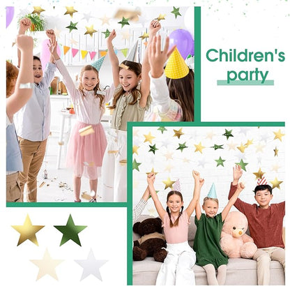 Patelai Glitter Star Garland Banner Christmas Decor 130 Feet Star Hanging Bunting Banner Twinkle Backdrop for Homecoming Classroom Wedding Birthday Halloween Party Supplies(Sage Green, Gold, White)