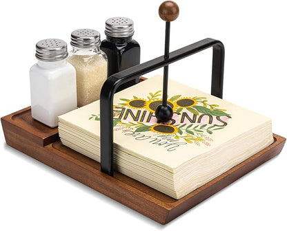 Black Wooden Napkin Holder, Multifunctional Farmhouse Napkin Holder for Table, Kitchen, Outdoor Use, Includes Space for Salt and Pepper Shakers (Seasoning Jar Not Included)