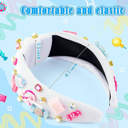 PANTIDE Candy Jeweled Knotted Headband - Christmas Sugar Lollipop Rhinestone Crystal Embellished Preppy Headband Wide Top Knot Fashion Hair Accessories Candyland Birthday Gift for Women Girls (White)