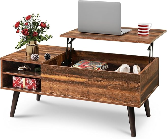 WLIVE Lift Top Coffee Table for Living Room,Small Coffee Table with Storage, Adjustable Shelf and Storage Compartment, Mid Century Modern Living Room Table, Wood, Rustic Brown