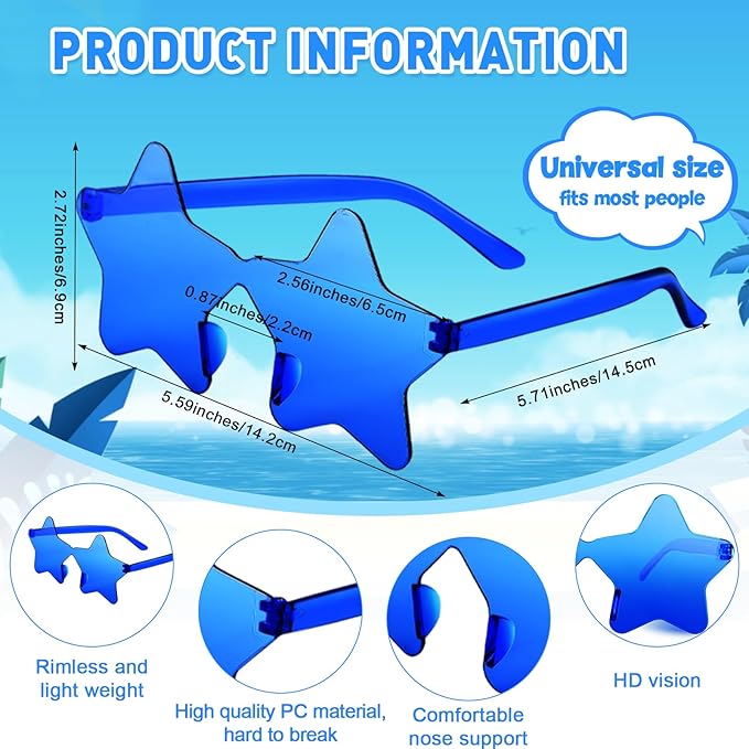 10/20/30/40 Pack Star Sunglasses Rimless Transparent Pentagram Shaped Sunglasses Bulk Party Favor Glasses for Women (30, Royal Blue)