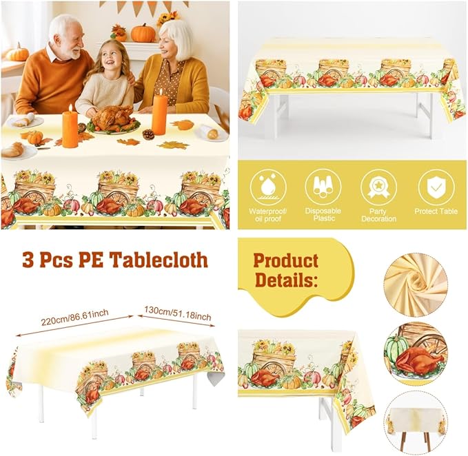 3PCS Thanksgiving Tablecloth, Disposable Plastic Tablecloths Rectangle Give Thanks Table Cover with Harvest Pumpkin Turkey for Home Kitchen Party Picnic Thanksgiving Decorations, 51.2x 86.6inch