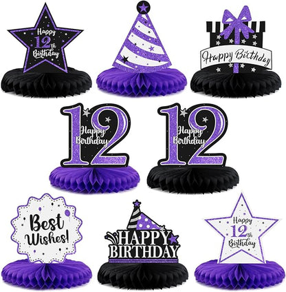 Happy 12th Birthday Decorations,12th Birthday Purple Glitter Shiny Stand Honeycomb Table Centerpieces - Cheers to Twelve Years Old Birthday Party Photoprop Gift Sign.