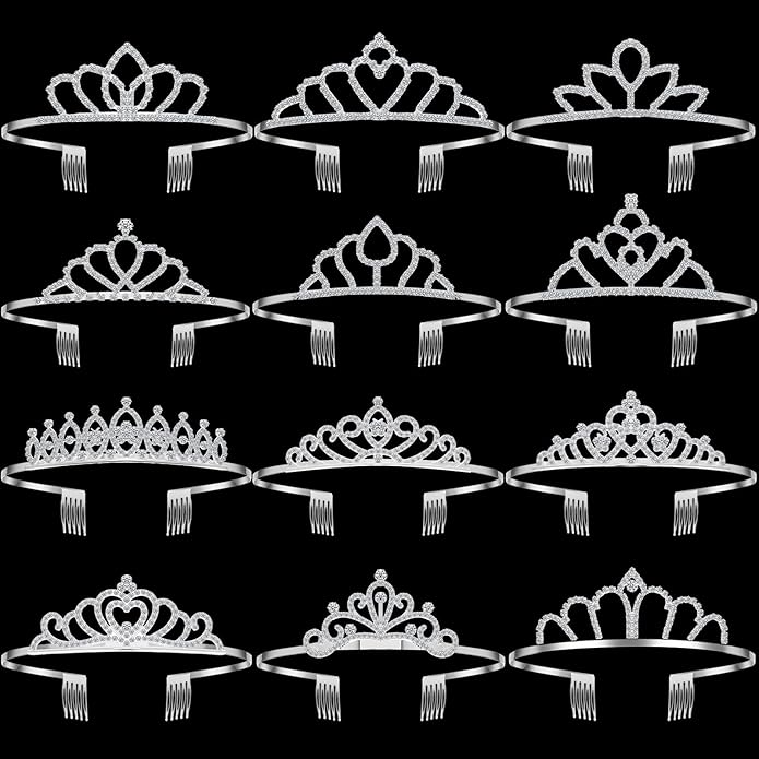 Remuuly 12 Pcs Princess Tiara for Women Silver Queen Tiara Rhinestone Hair Accessories, Princess Headbands Bulk for Bridal Wedding Birthday Prom Christmas Party, with Comb