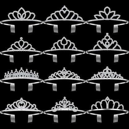 Remuuly 12 Pcs Princess Tiara for Women Silver Queen Tiara Rhinestone Hair Accessories, Princess Headbands Bulk for Bridal Wedding Birthday Prom Christmas Party, with Comb