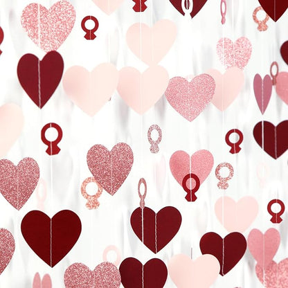 Rose-Gold Pink Burgundy-Red Heart-Ring Garland - 52Ft Engagement Bachelorette Party Decorations Wedding Paper Streamers Banner, Galentines Proposal Decor Lasting Surprise