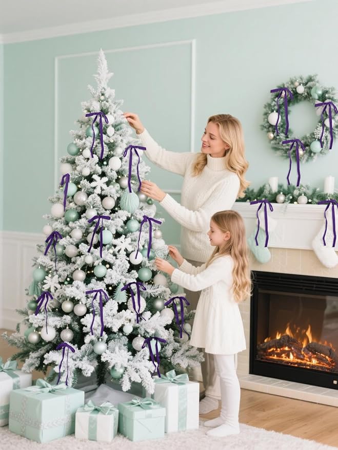 SIMISI RIBBON 24 Pcs Purple Velvet Christmas Tree Bows Door Garland Decor Vintage Wreath Bow (3/8'' Wide, 5 * 7 inch)