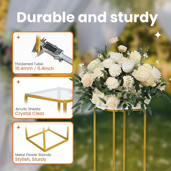 YALLOVE 10 Pcs 15.75" Gold Wedding Flower Stand Metal Vase Column Stand Geometric Centerpiece Vase for Home Party Wedding Decorations, Rectangular Flower Display Rack