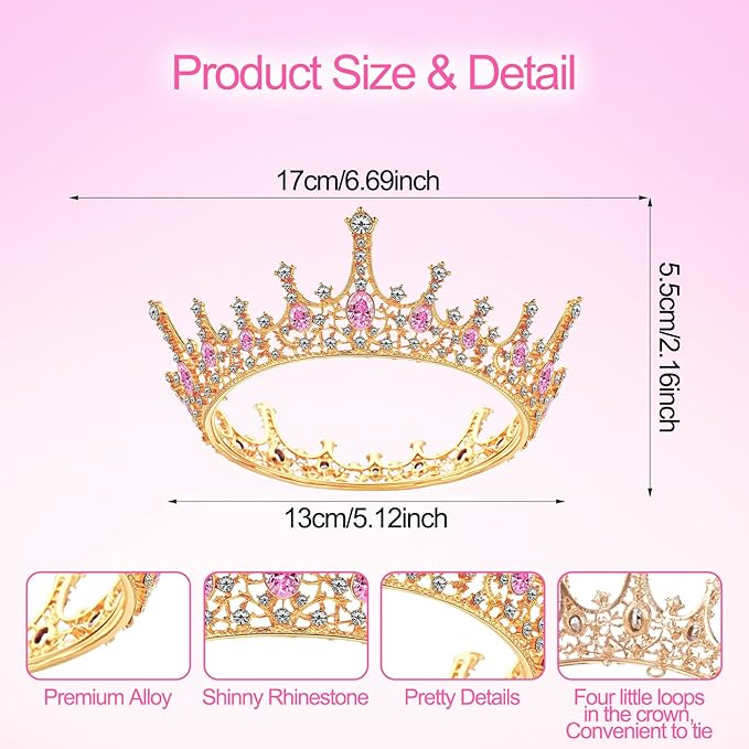 Grevosea Gold Queen Crown for Women, Rhinestone Birthday Crown Princess Tiara Wedding Headband for Bride Hair Accessories