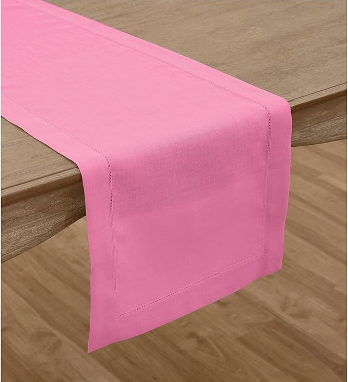 Solino Home Linen Table Runner 36 Inches - 100% Pure Linen Flamingo Pink Hemstitch Table Runner 14 x 36 Inch Ideal for Dresser and Coffee Tables - Classic Hemstitch