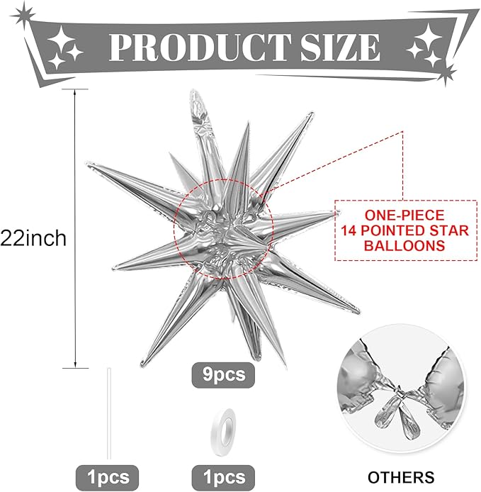 Silver Star Balloons,9Pcs 22Inch Silver Explosion Spike Cone Helium Polyester Film Star Foil Balloons for Birthday Anniversary Baby Shower Wedding New Year Disco Party Decorations