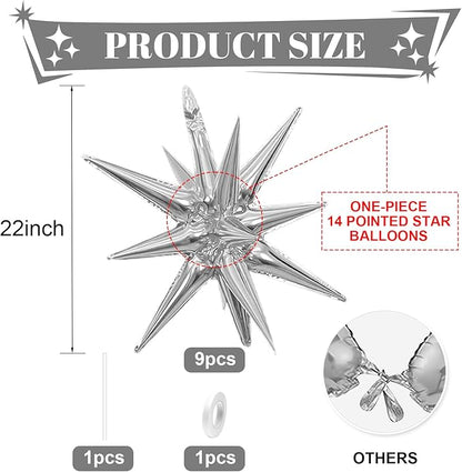 Silver Star Balloons,9Pcs 22Inch Silver Explosion Spike Cone Helium Polyester Film Star Foil Balloons for Birthday Anniversary Baby Shower Wedding New Year Disco Party Decorations