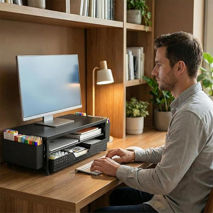 Desk Organizer and Accessories, 2-Tier Computer Monitor Stand Rise with Storage Drawer & 2 Pen Holders, Laptop & Printer Stand for Desktop, Workspace Organizers for Office Supplies (Black Wood)