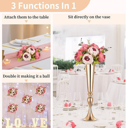 NUPTIO Flower Balls Flowers for Centerpieces: 2 Pcs 9.4 inch Diam Dark Pink Artificial Peony Fake Flower Ball Arrangement Bouquet Wedding Centerpieces for Tables Wedding Centerpiece Decorations