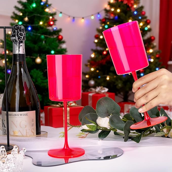Ciaell 12 Pack Plastic Wine Glasses - 14Oz Hot Pink Plastic Wine Glasses With Stem - Disposable Stemmed Cups for Parties & Weddings