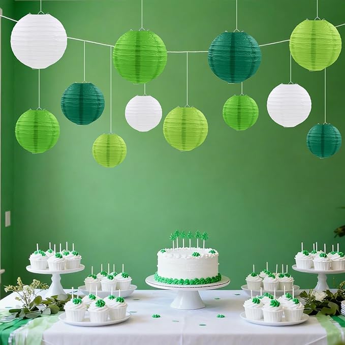 Green Paper Lanterns Party Decorations, Round Hanging Lanterns for Jungle Safari Party Supplies St. Patricks Day Decoration (12 PCS)