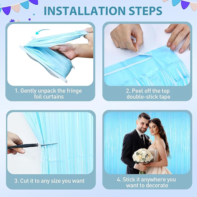 Macaron Light Blue Tinsel Backdrop Foil Fringe Curtains - 2 Packs Door Streamers Backdrop for Birthday Door Decorations, Party Supplies for Bachelorette, Graduation, Christmas, Disco Decor