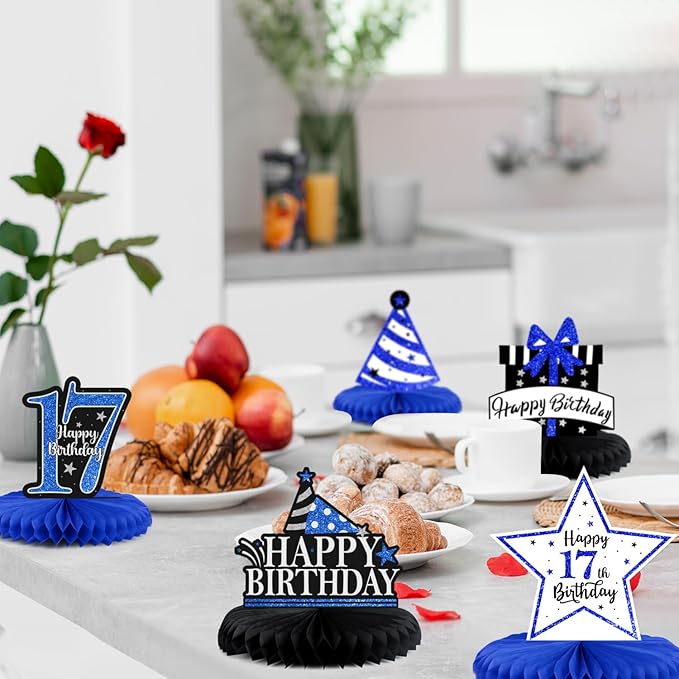 Happy 17th Birthday Decorations,17th Birthday Blue Glitter Shiny Stand Honeycomb Table Centerpieces - Cheers to Seventeen Years Old Birthday Party Photoprop Gift Sign.