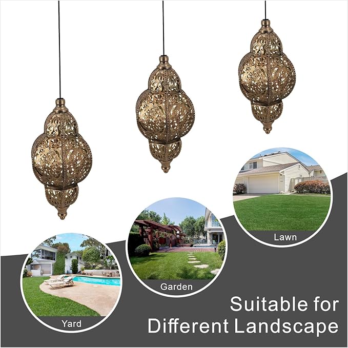Hanging Solar Lights Garden Lights Metal Moroccan Lamp Waterproof for Outdoor Hanging Decor Yard Backyard Garden Decorative (1 Pack, Bronze)