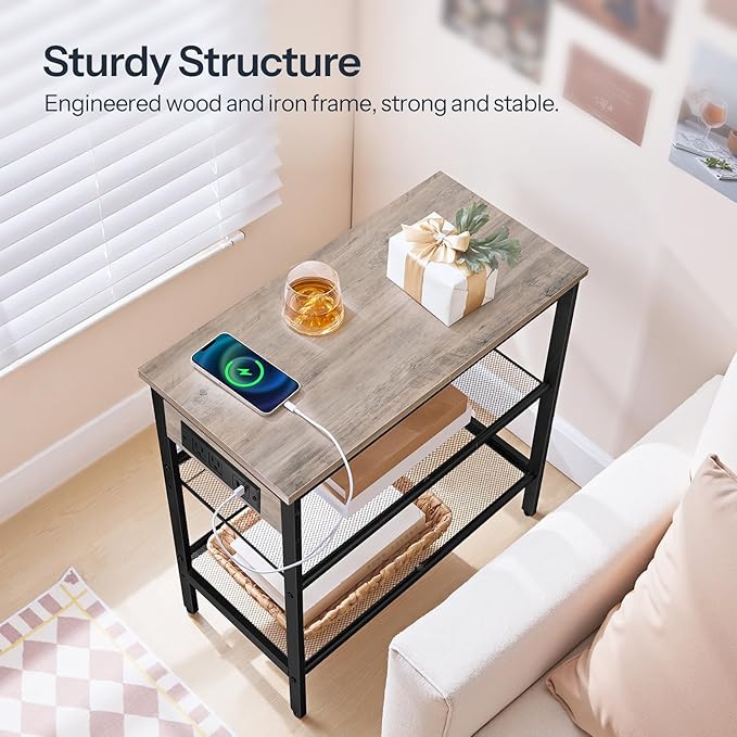 HOOBRO End Table, 3-Tier Narrow Side Table with Charging Station, Nightstand with 2 Flat or Slant Adjustable Shelves for Small Spaces, Living Room, Bedroom, Greige and Black BG23UBZ01G1