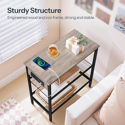 HOOBRO End Table, 3-Tier Narrow Side Table with Charging Station, Nightstand with 2 Flat or Slant Adjustable Shelves for Small Spaces, Living Room, Bedroom, Greige and Black BG23UBZ01G1