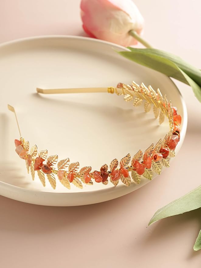 MINACHI Carnelian Leaf Crown Headband, Gold-Tone Wire Wrap Boho Hair Accessory, Jewelry for Women Mother's Day