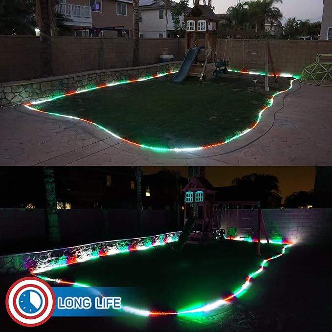 Russell Decor 200ft/60m LED Rope Lights Indoor Outdoor Decorative Lighting for Party Trees Patio Deck Flexible String Lights-Red White Green