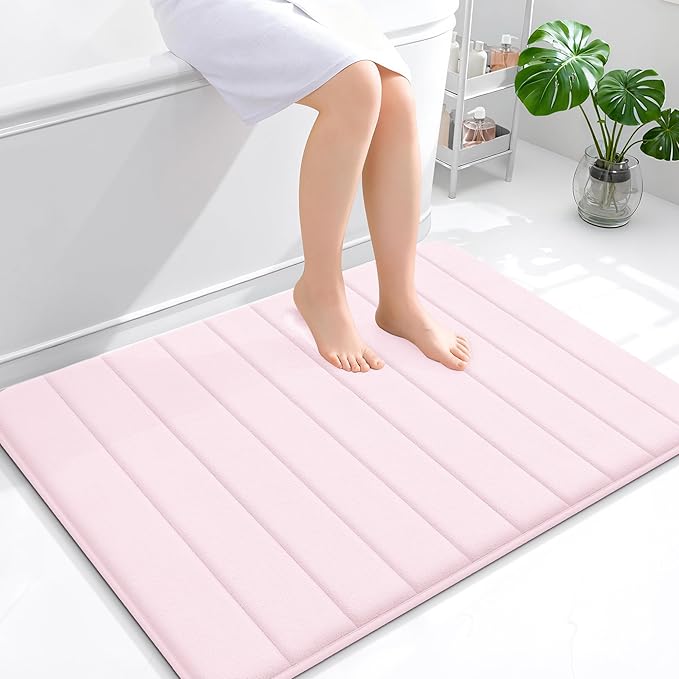 OLANLY Memory Foam Bath Mat 40x32, Super Soft Absorbent Bathroom Rugs, Quick Dry, Machine Washable Shower Floor Rugs, Bathmat Carpet, Bathroom Home Decor Accessories, Pink
