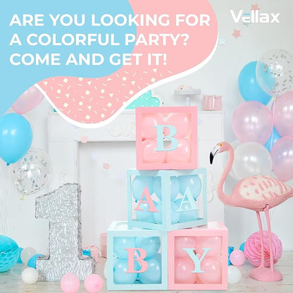 Baby Shower Boxes with Letters – Pink And Blue Boxes with Pink & Blue Balloons – 44-Piece Gender Reveal & Party Decoration Set by Vellax