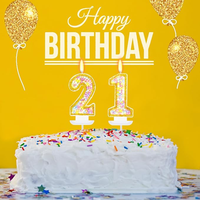 21st Birthday Candle for Cake, Colorful Macaron Numeral Candles for Women/Men, Birthday Party Cake Decorations, Golden Cake Topper for Birthday Party Supplies (Number 21)