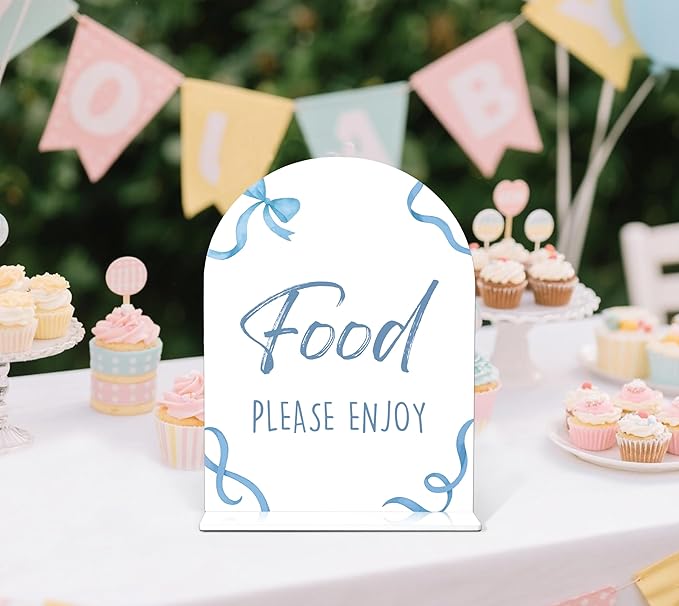 Food Please Enjoy Sign - Blue Bow Baby Shower Sign, 1 Pack Arch Acrylic Sign with Stand, Gender Reveal Party Table Decor, Blue Baby Shower Supplies (SP11)