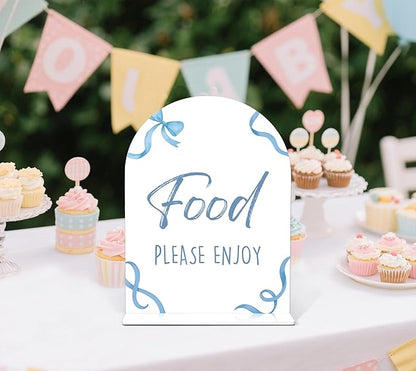 Food Please Enjoy Sign - Blue Bow Baby Shower Sign, 1 Pack Arch Acrylic Sign with Stand, Gender Reveal Party Table Decor, Blue Baby Shower Supplies (SP11)