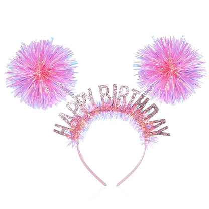 Birthday Crown for Girls and Women, Pom Pom Headband Happy Birthday Tiara Hair Headband Accessories for Adults Kids(Pink)
