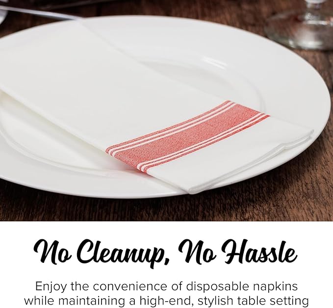 SimuLinen Farmhouse Bistro White & Red Stripe Dinner Napkins Cloth-Like Disposable Napkins Paper - Soft, Absorbent, Durable, Large (19"x17" - Box of 120)