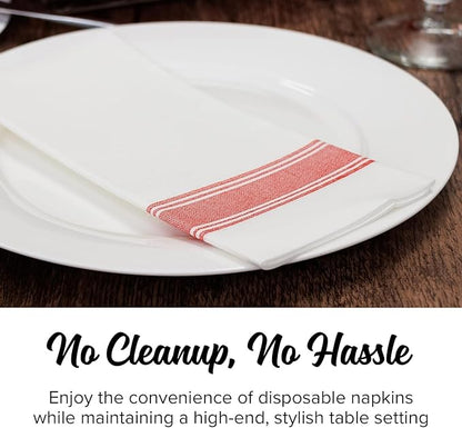 SimuLinen Farmhouse Bistro White & Red Stripe Dinner Napkins Cloth-Like Disposable Napkins Paper - Soft, Absorbent, Durable, Large (19"x17" - Box of 60)